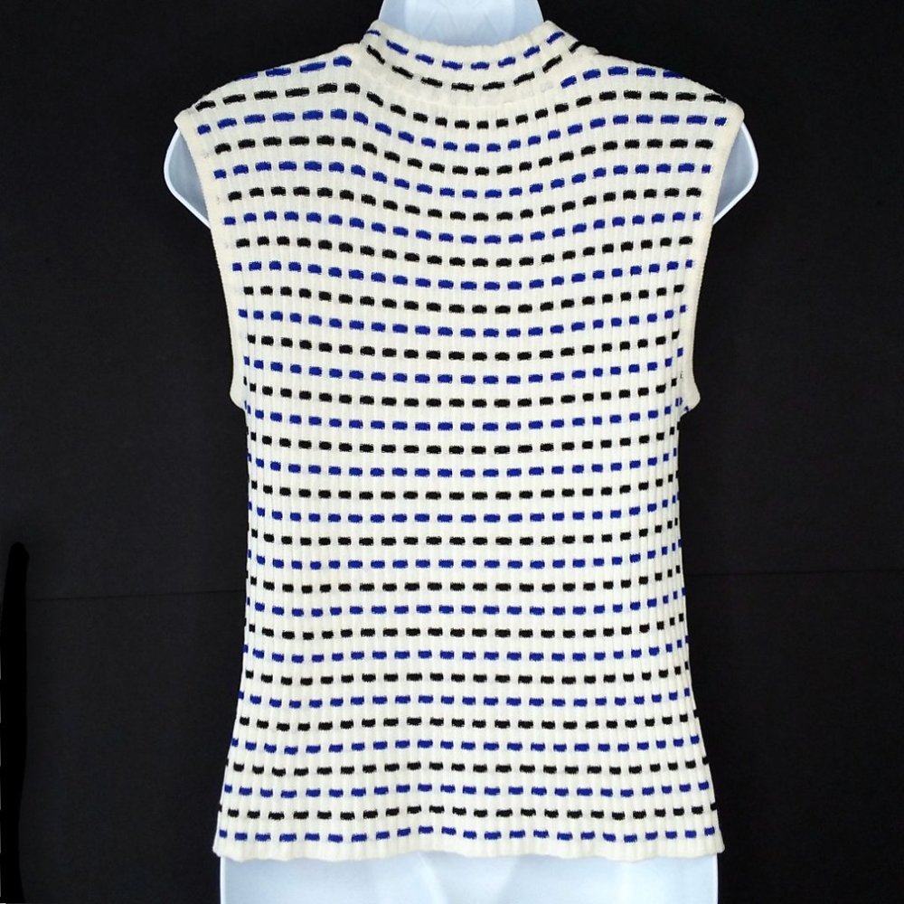Vintage 90's St. John Mock Neck Top Size Large Ribbed Knit Woven Pattern - Picture 7 of 12